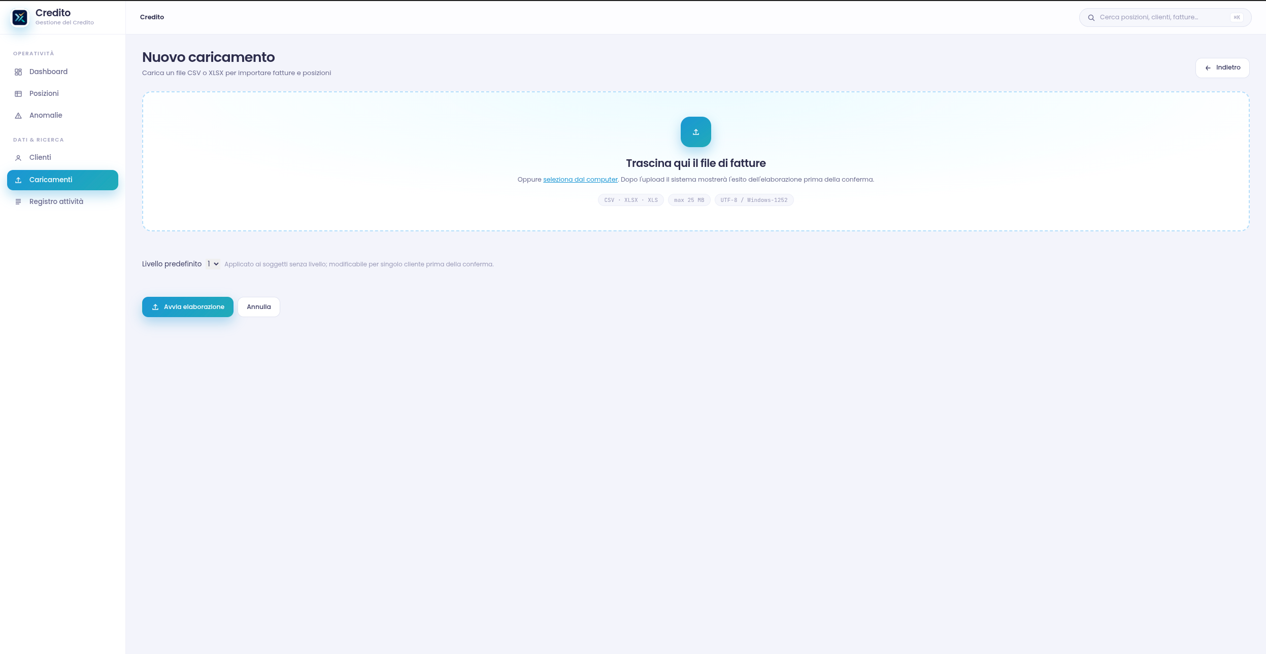 Caricamento guidato di un file di fatture in Xelivo